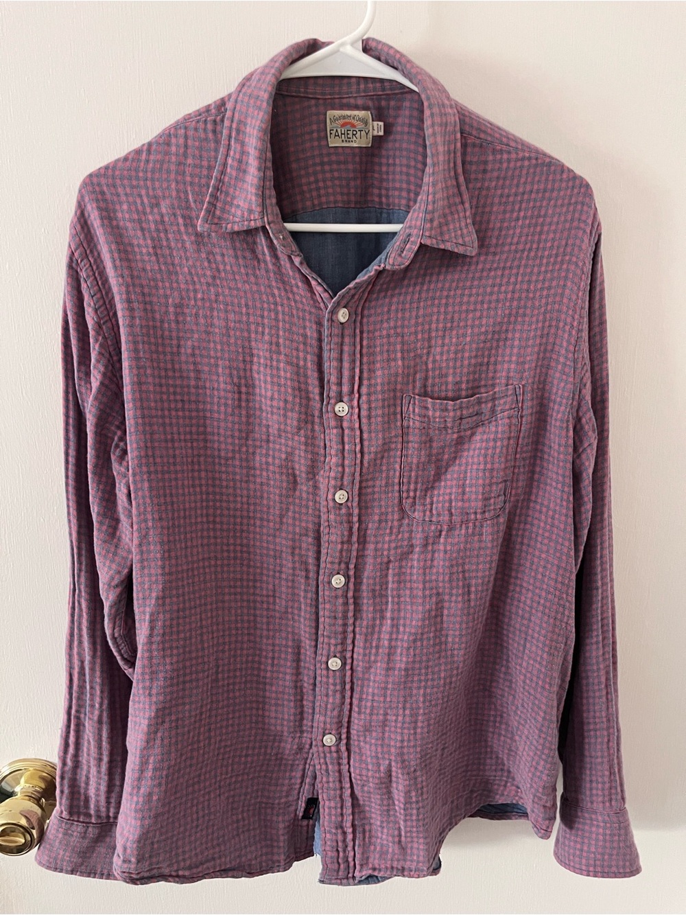 Faherty Men’s Doublecloth Checkered Button Down Shirt Blue Pink Size Large